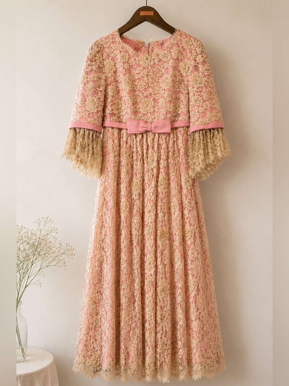 Vintage Pink Lace Beaded Theatre Dress |1960’s|Cottage-core |Fairytale|Romantic